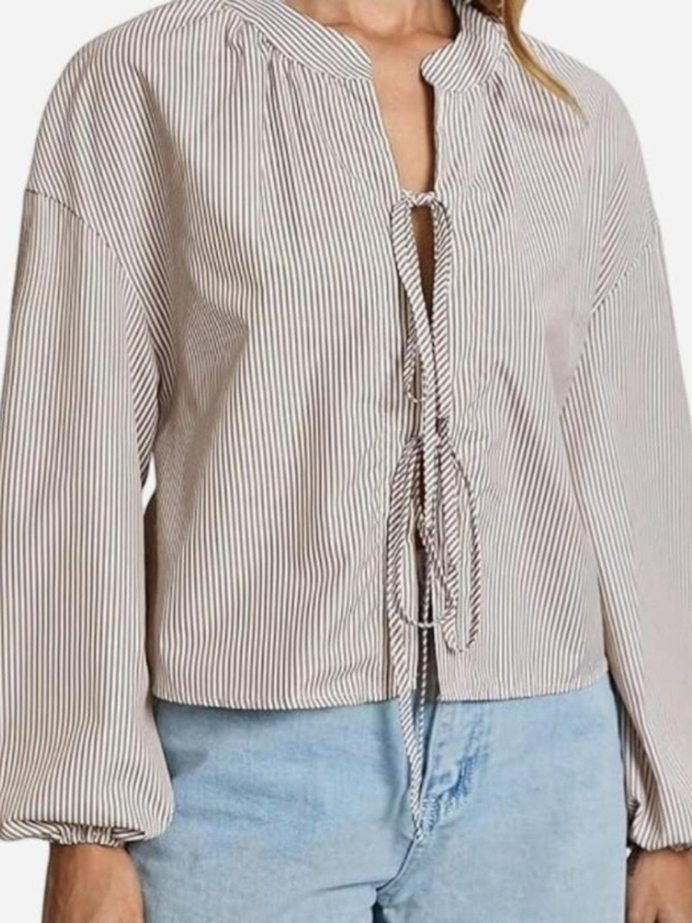 Striped Tie-Front Women’s Blouse - White/Brown